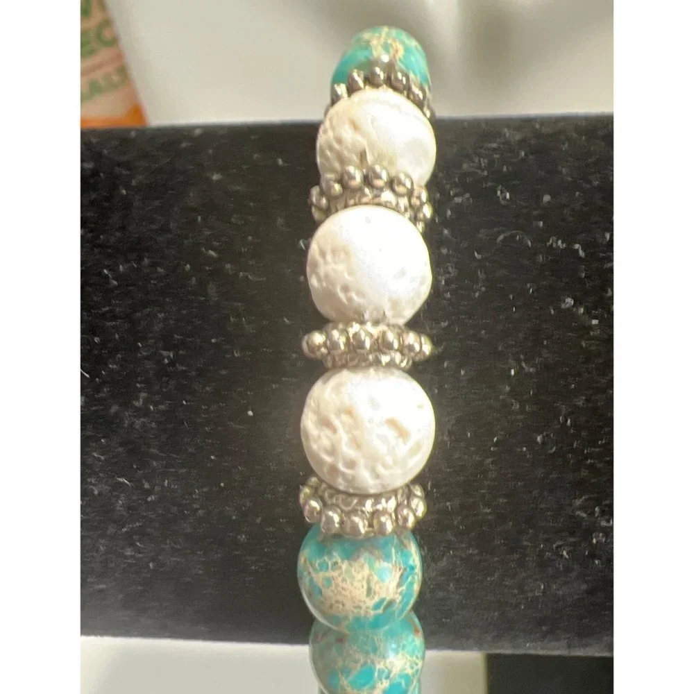 White Lava Rock & Turquoise Bead Stretch Bracelet -- NEW